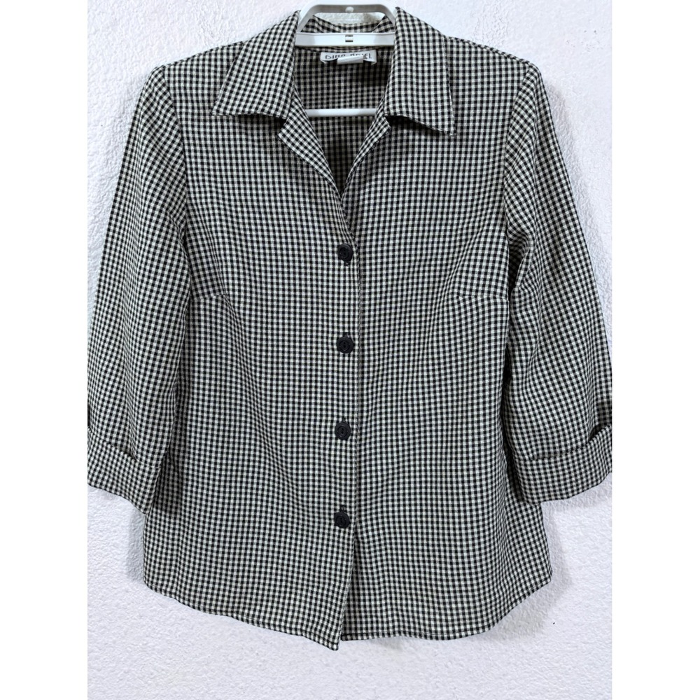 Dina Ariel Blouse Womens Medium‎ Ivory Black Vintage Y2K Gingham Plaid 3/4 Sleev